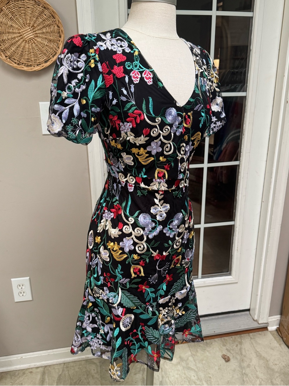 Sam Edelman Floral Embroidered Mesh Puff Sleeve Flounce Dress Size 0